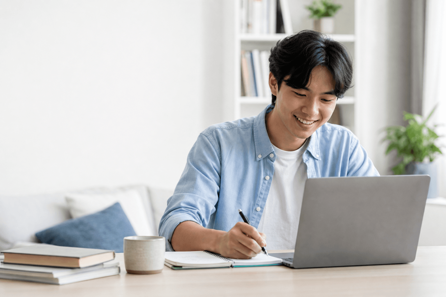 A learner taking notes while studying online at home
